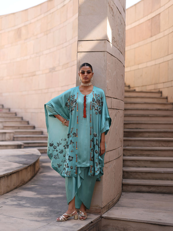 DUSTY BLUE CAPE DUPATTA WITH STRAIGHT SHORT KURTA AND DRAPE SKIRT  - SET OF 3