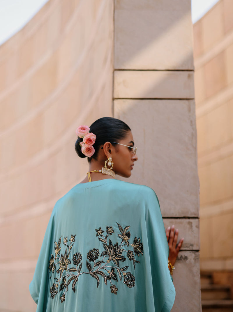 DUSTY BLUE CAPE DUPATTA WITH STRAIGHT SHORT KURTA AND DRAPE SKIRT  - SET OF 3
