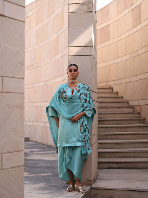 DUSTY BLUE CAPE DUPATTA WITH STRAIGHT SHORT KURTA AND DRAPE SKIRT  - SET OF 3