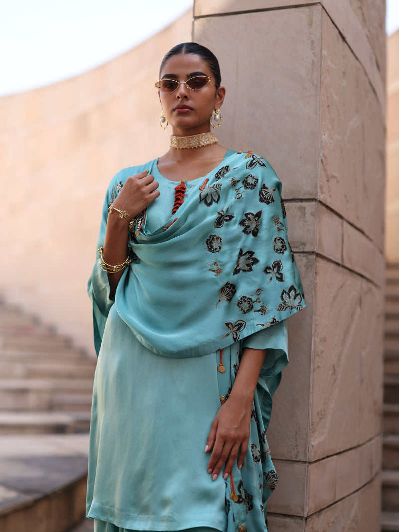 DUSTY BLUE CAPE DUPATTA WITH STRAIGHT SHORT KURTA AND DRAPE SKIRT  - SET OF 3