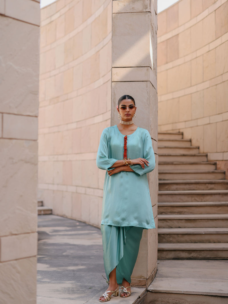 DUSTY BLUE CAPE DUPATTA WITH STRAIGHT SHORT KURTA AND DRAPE SKIRT  - SET OF 3