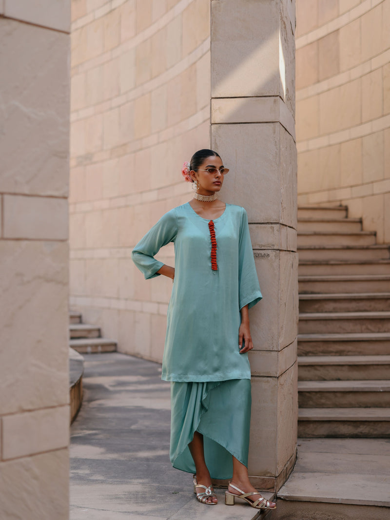 DUSTY BLUE CAPE DUPATTA WITH STRAIGHT SHORT KURTA AND DRAPE SKIRT  - SET OF 3
