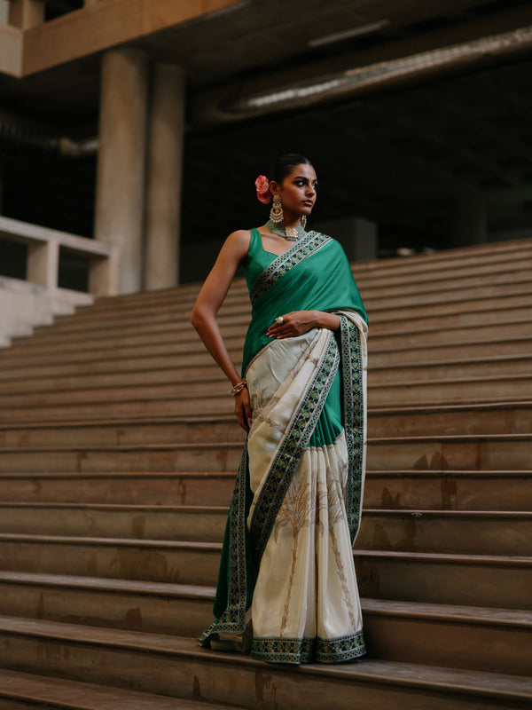 EMERALD GREEN AND GOLD TISSUE SAREE - SET OF 2