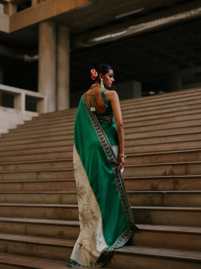 EMERALD GREEN AND GOLD TISSUE SAREE - SET OF 2