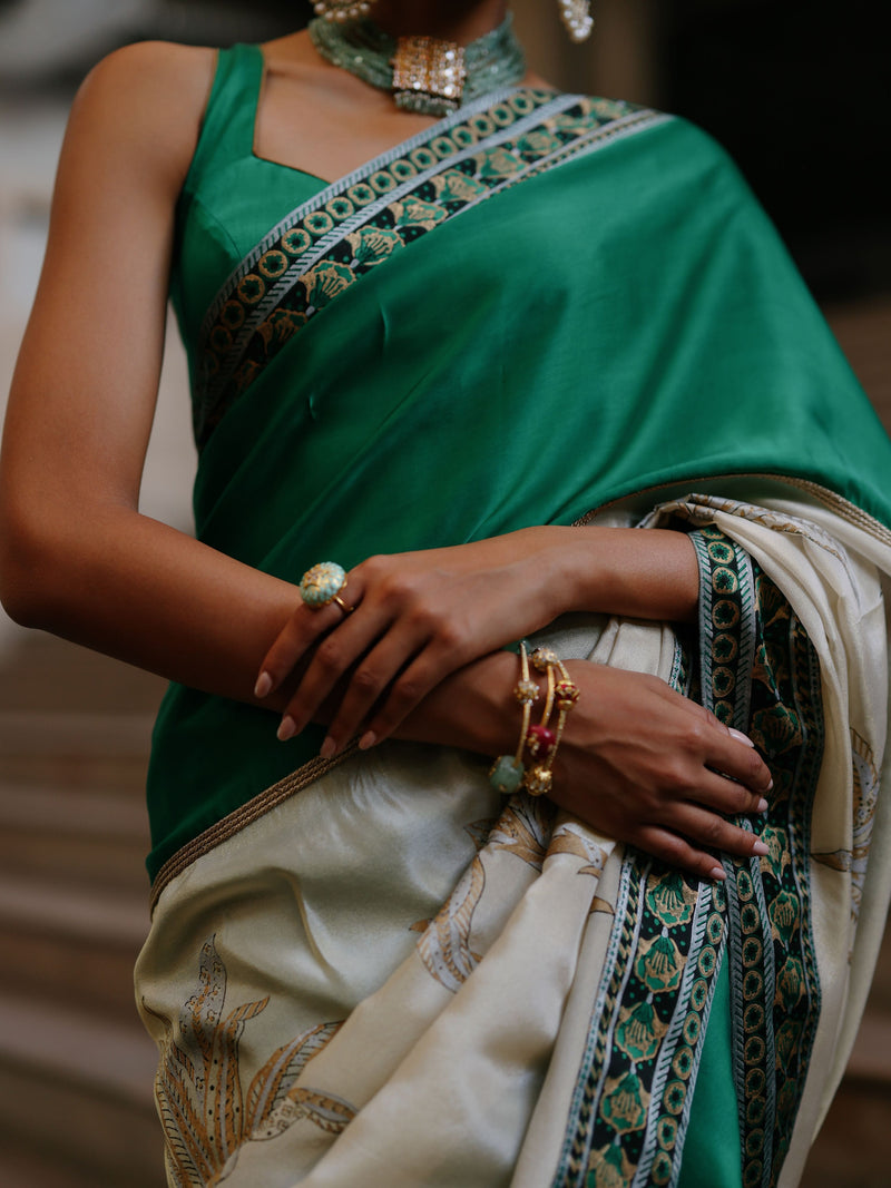 EMERALD GREEN AND GOLD TISSUE SAREE - SET OF 2