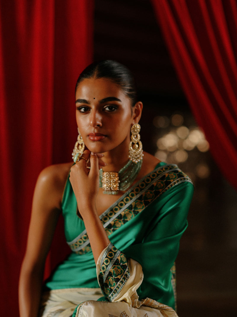 EMERALD GREEN AND GOLD TISSUE SAREE - SET OF 2