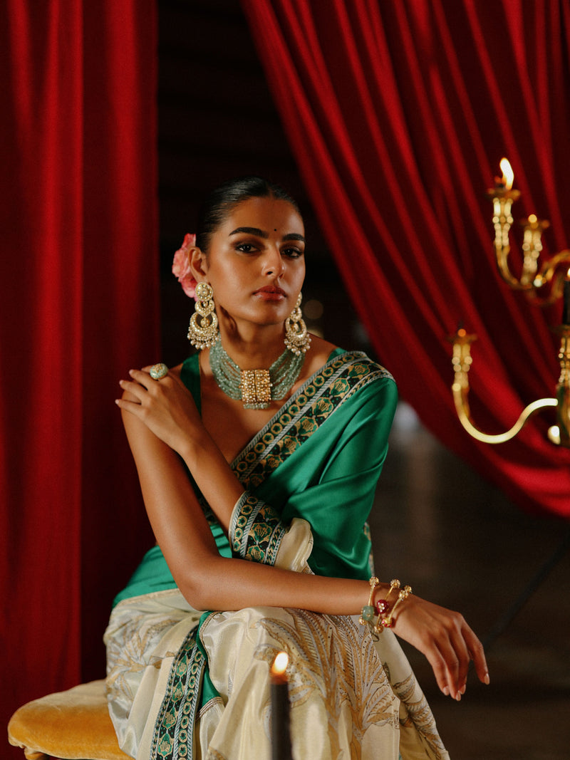 EMERALD GREEN AND GOLD TISSUE SAREE - SET OF 2