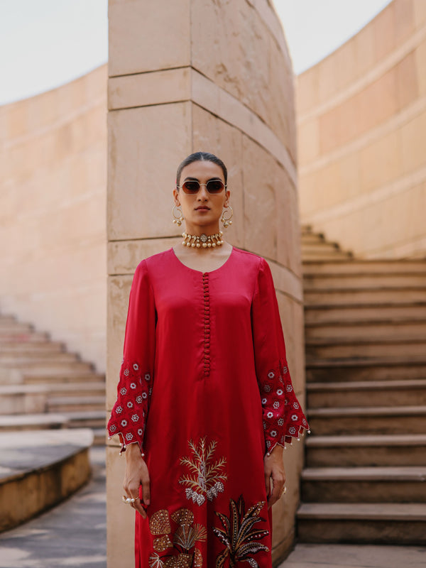RUBY PINK STRAIGHT LONG KURTA WITH RUST ORANGE PANT AND DUPATTA  -SET OF 3