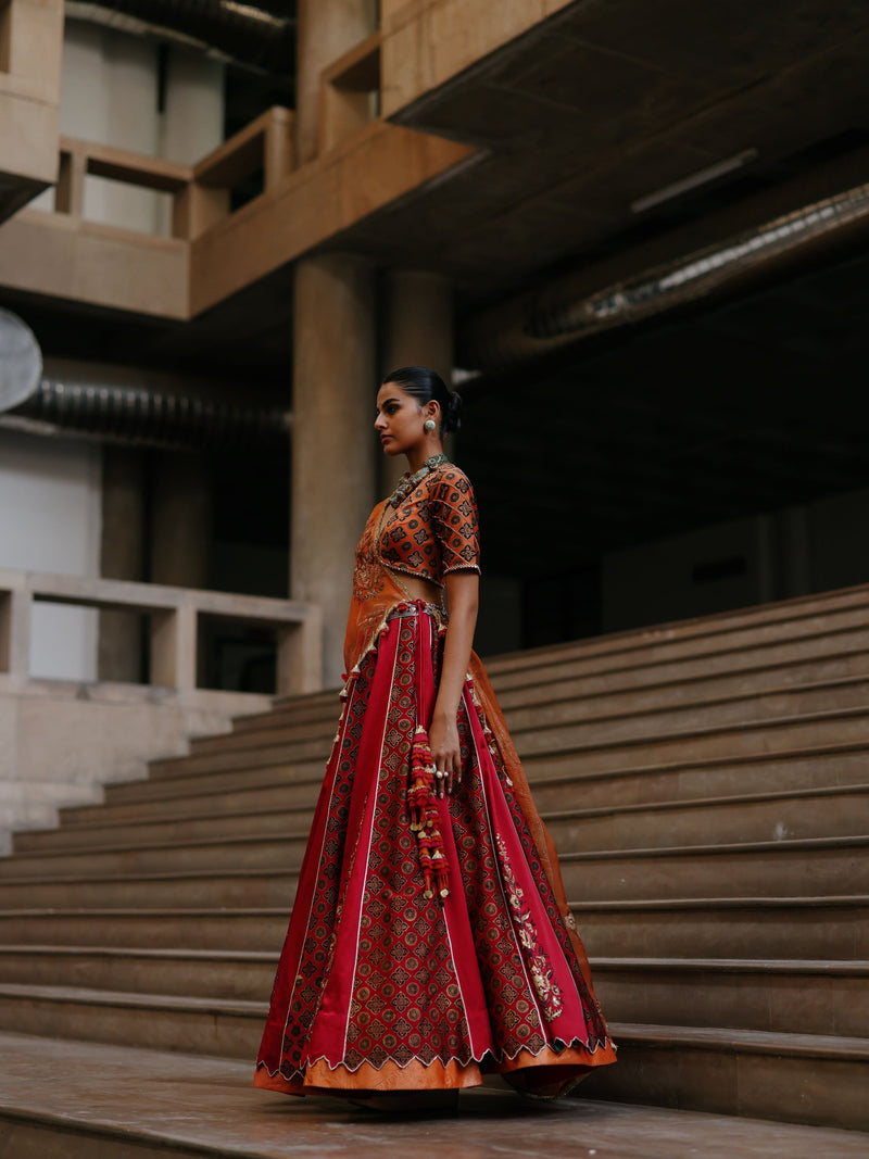 RUBY PINK AND RUST ORANGE KALIDAAR LEHENGA - SET OF 2