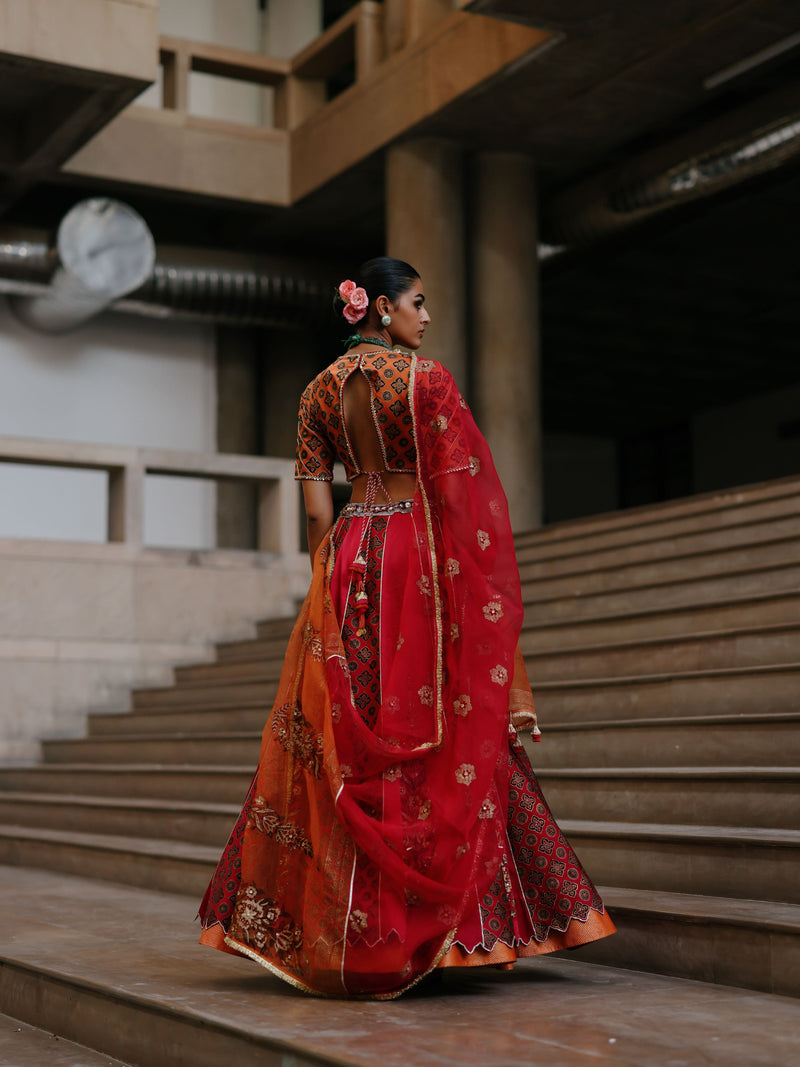 RUBY PINK AND RUST ORANGE KALIDAAR LEHENGA - SET OF 2