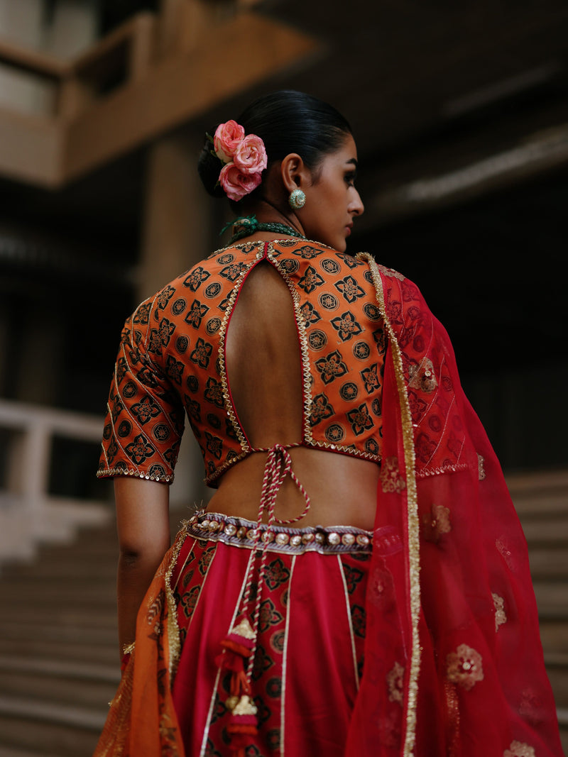 RUBY PINK AND RUST ORANGE KALIDAAR LEHENGA - SET OF 2