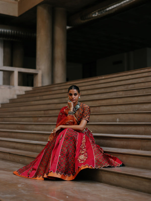 RUBY PINK AND RUST ORANGE KALIDAAR LEHENGA - SET OF 2