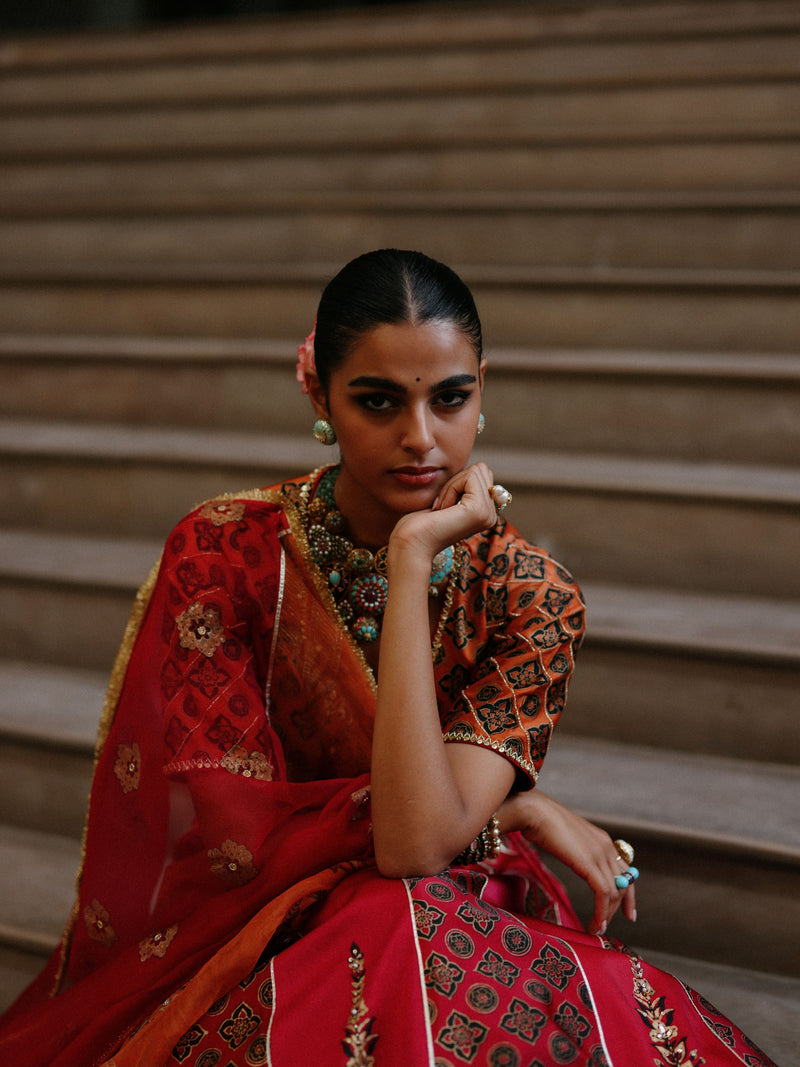 RUBY PINK AND RUST ORANGE KALIDAAR LEHENGA - SET OF 2