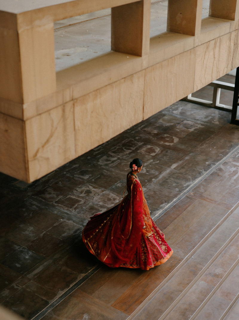 RUBY PINK AND RUST ORANGE KALIDAAR LEHENGA - SET OF 2