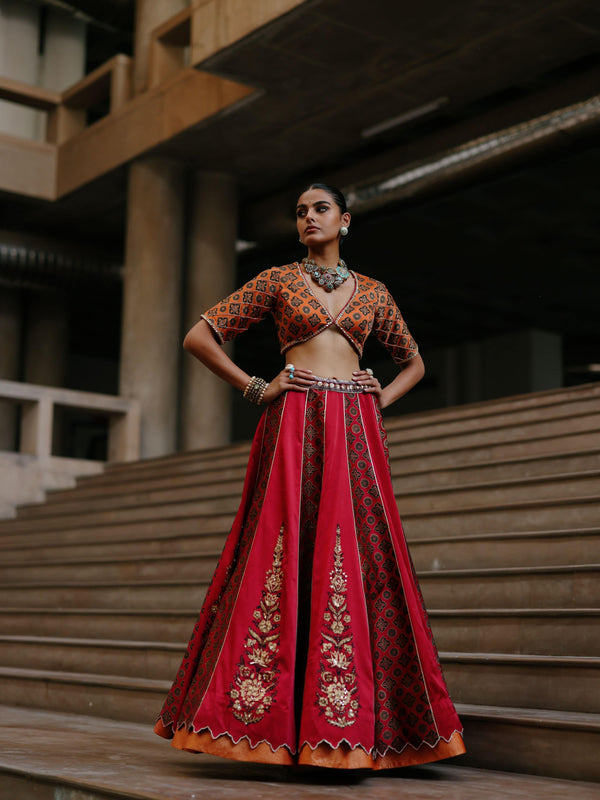 RUBY PINK AND RUST ORANGE KALIDAAR LEHENGA - SET OF 2