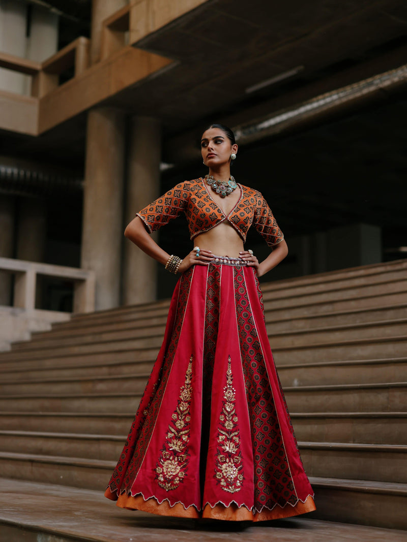 RUBY PINK AND RUST ORANGE KALIDAAR LEHENGA - SET OF 2