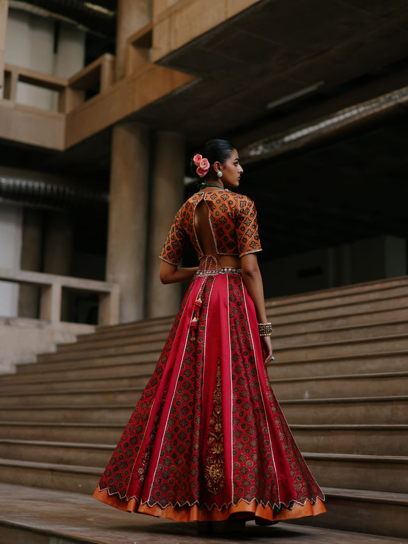 RUBY PINK AND RUST ORANGE KALIDAAR LEHENGA - SET OF 2