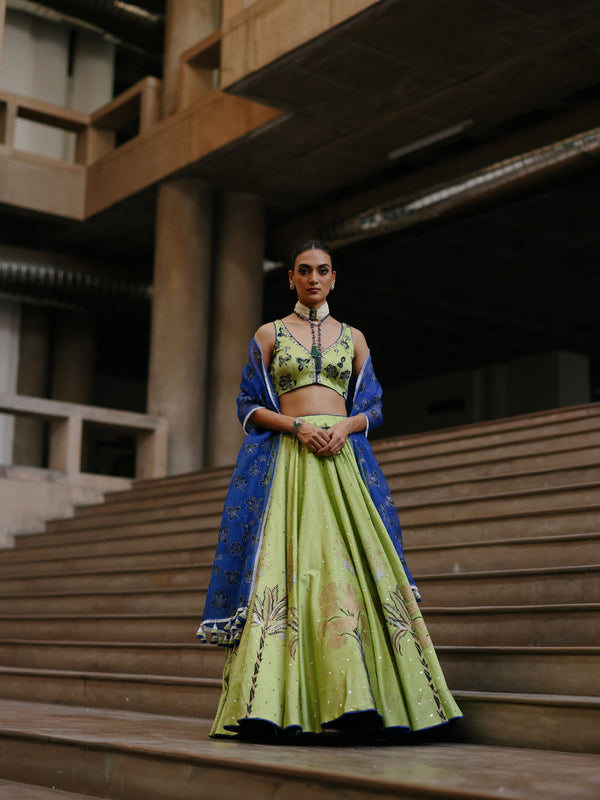 LIME GREEN AND ROYAL BLUE TREE OF LIFE LEHENGA  - SET OF 2