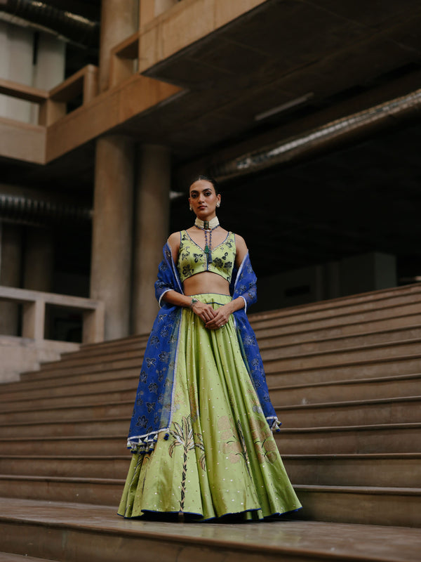 LIME GREEN AND ROYAL BLUE TREE OF LIFE LEHENGA  - SET OF 2