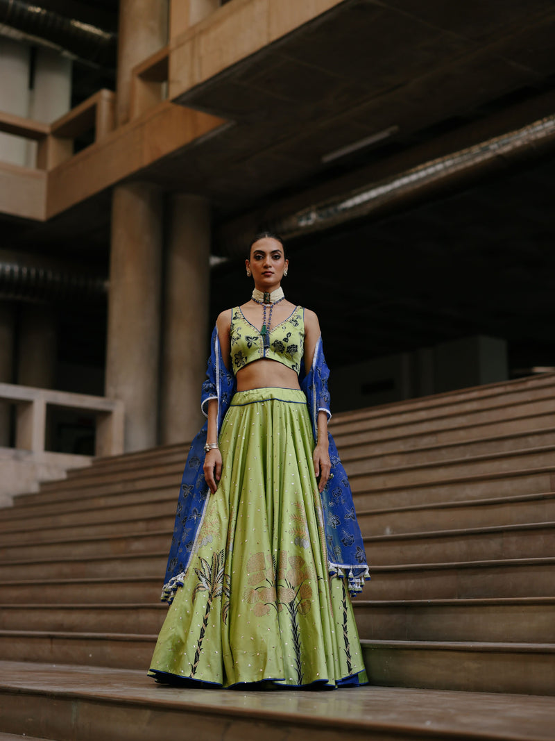 LIME GREEN AND ROYAL BLUE TREE OF LIFE LEHENGA  - SET OF 2