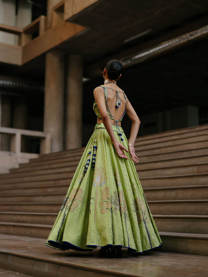 LIME GREEN AND ROYAL BLUE TREE OF LIFE LEHENGA  - SET OF 2