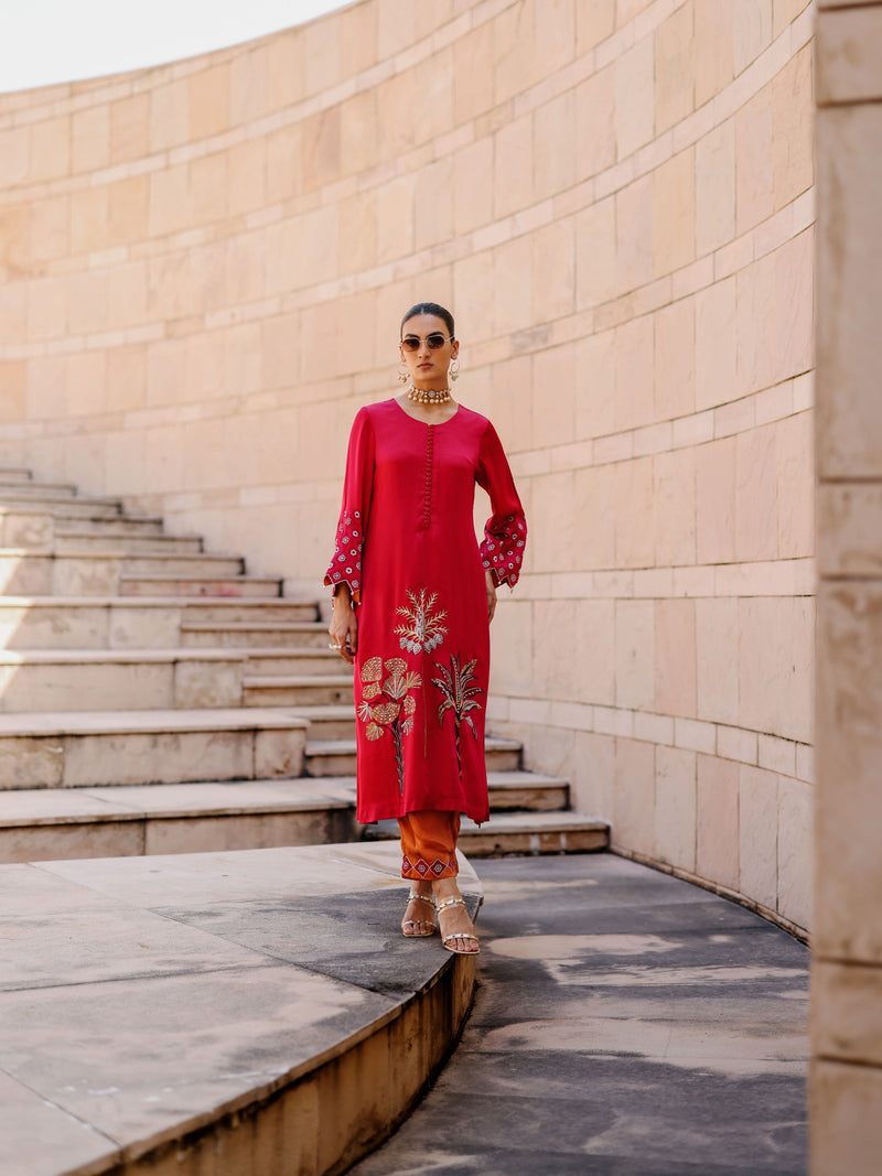 RUBY PINK STRAIGHT LONG KURTA WITH RUST ORANGE PANT AND DUPATTA  -SET OF 3
