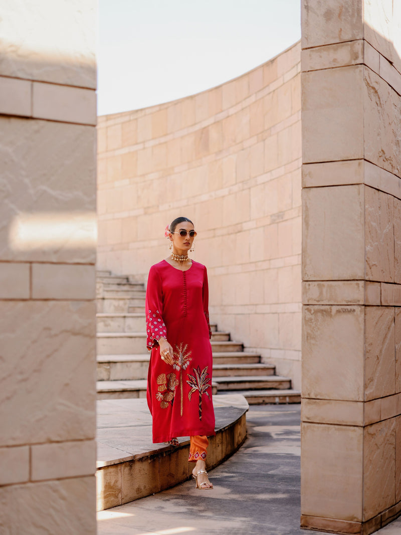 RUBY PINK STRAIGHT LONG KURTA WITH RUST ORANGE PANT AND DUPATTA  -SET OF 3