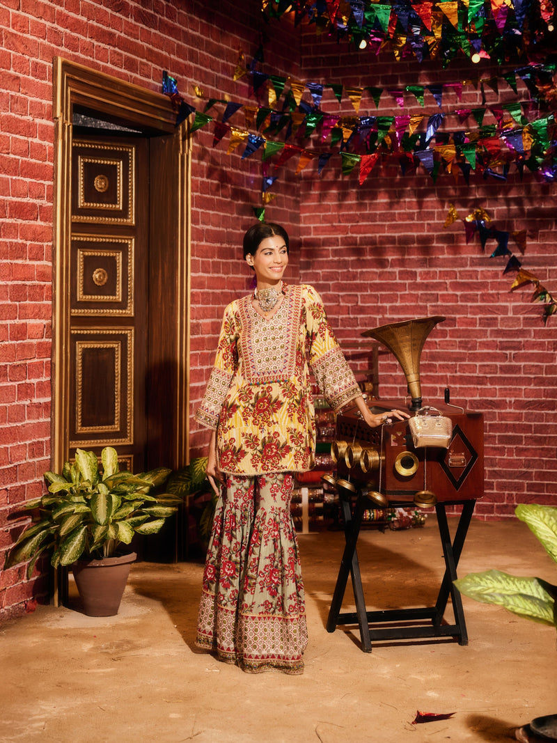LAAL PHOOL SHORT ROUNDED GHERA KURTA WITH GHARARA AND DUPATTA (SET OF 3)