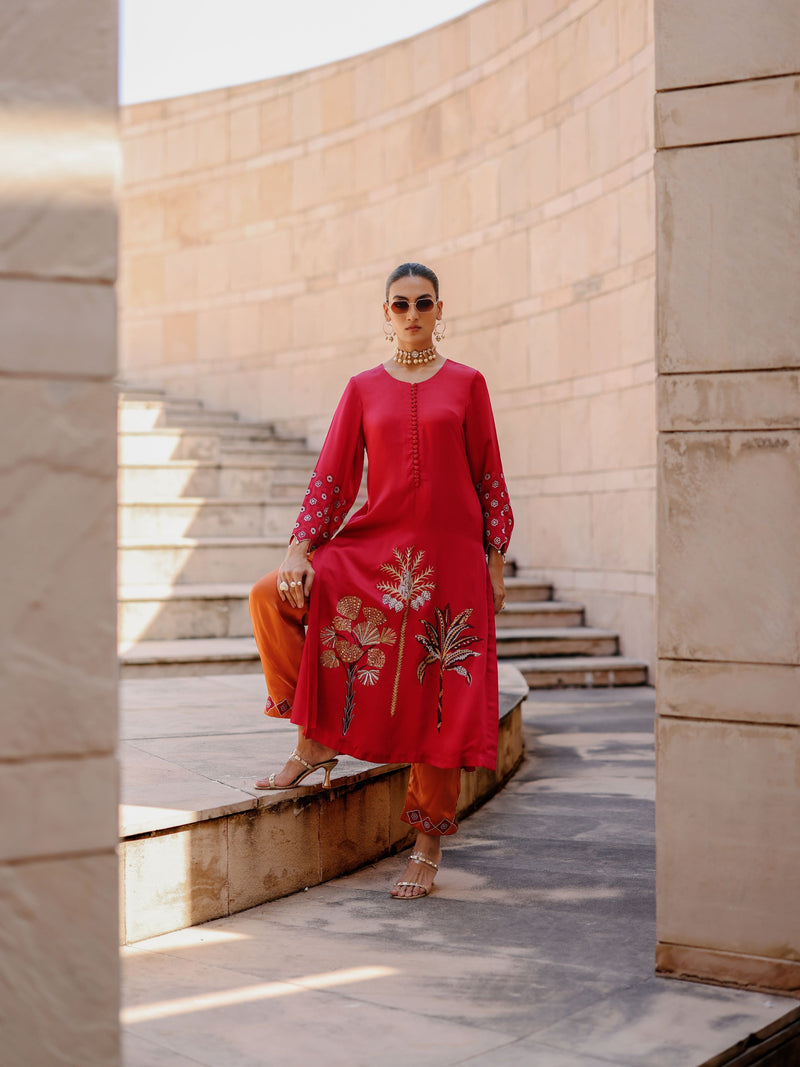 RUBY PINK STRAIGHT LONG KURTA WITH RUST ORANGE PANT AND DUPATTA  -SET OF 3