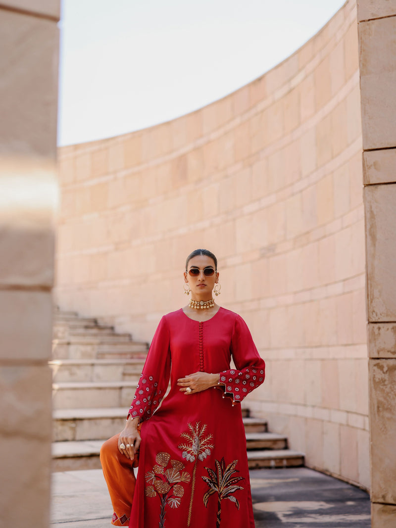 RUBY PINK STRAIGHT LONG KURTA WITH RUST ORANGE PANT AND DUPATTA  -SET OF 3