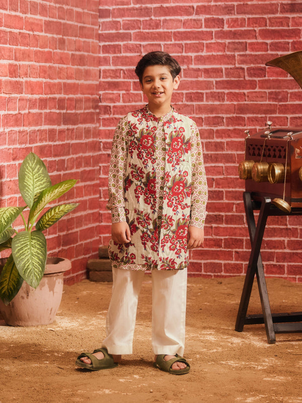 LAAL PHOOL FRONT OPEN BOYS SHORT KURTA SET WITH JACKET