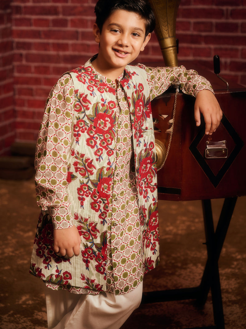 LAAL PHOOL FRONT OPEN BOYS SHORT KURTA SET WITH JACKET