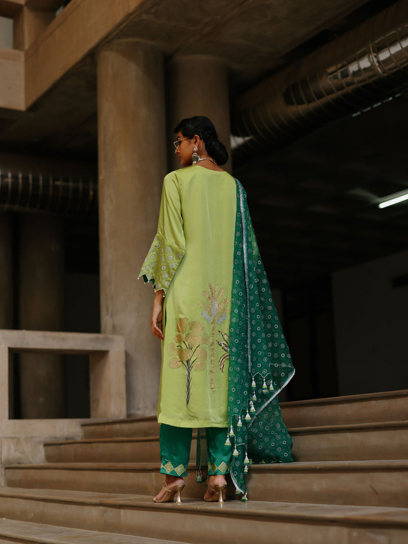 LIME GREEN STRAIGHT LONG KURTA WITH EMERALD GREEN PANT AND DUPATTA - SET OF 3