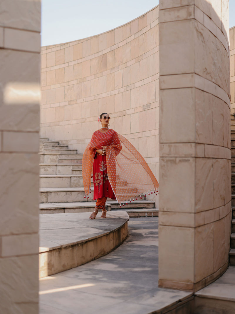 RUBY PINK STRAIGHT LONG KURTA WITH RUST ORANGE PANT AND DUPATTA  -SET OF 3