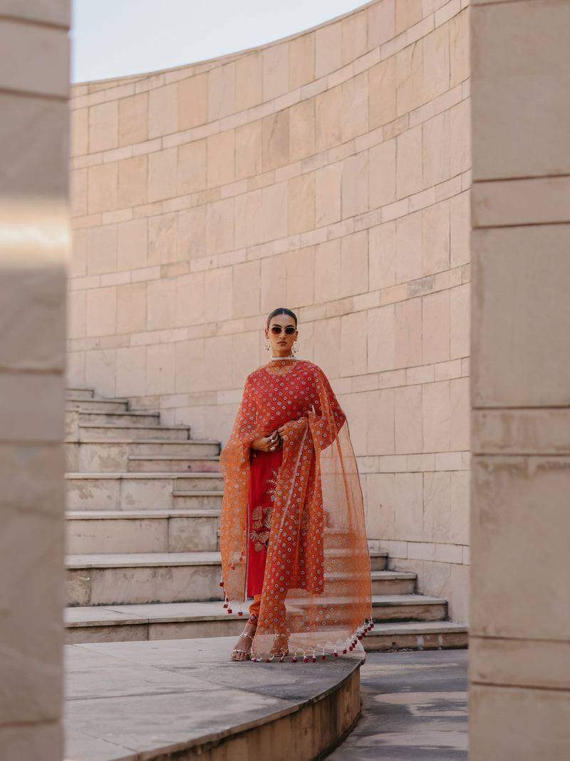RUBY PINK STRAIGHT LONG KURTA WITH RUST ORANGE PANT AND DUPATTA  -SET OF 3