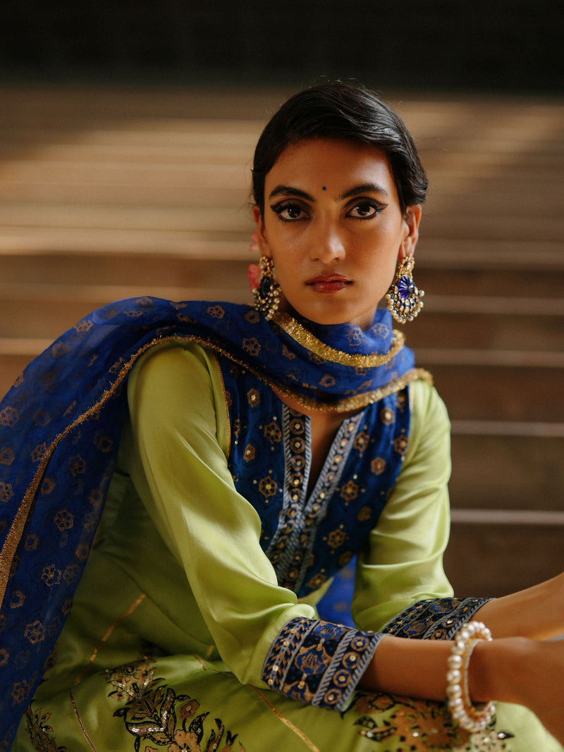 LIME GREEN SHORT KALIDAAR KURTA WITH ROYAL BLUE SALWAR AND DUPATTA  - SET OF 3