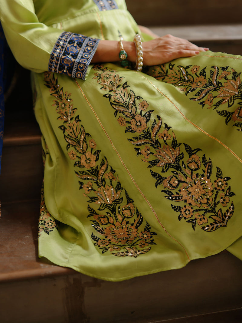 LIME GREEN SHORT KALIDAAR KURTA WITH ROYAL BLUE SALWAR AND DUPATTA  - SET OF 3