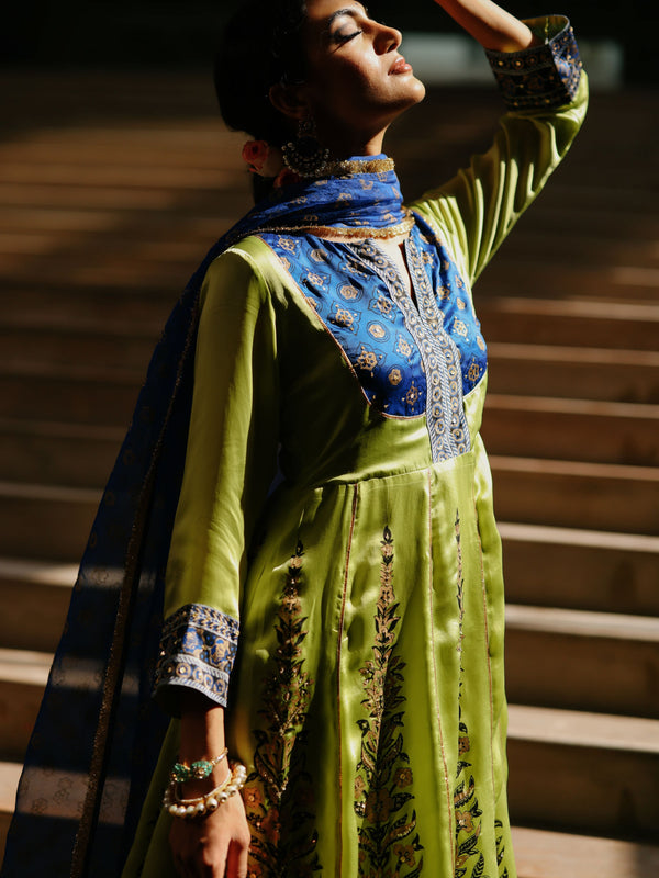 LIME GREEN SHORT KALIDAAR KURTA WITH ROYAL BLUE SALWAR AND DUPATTA  - SET OF 3
