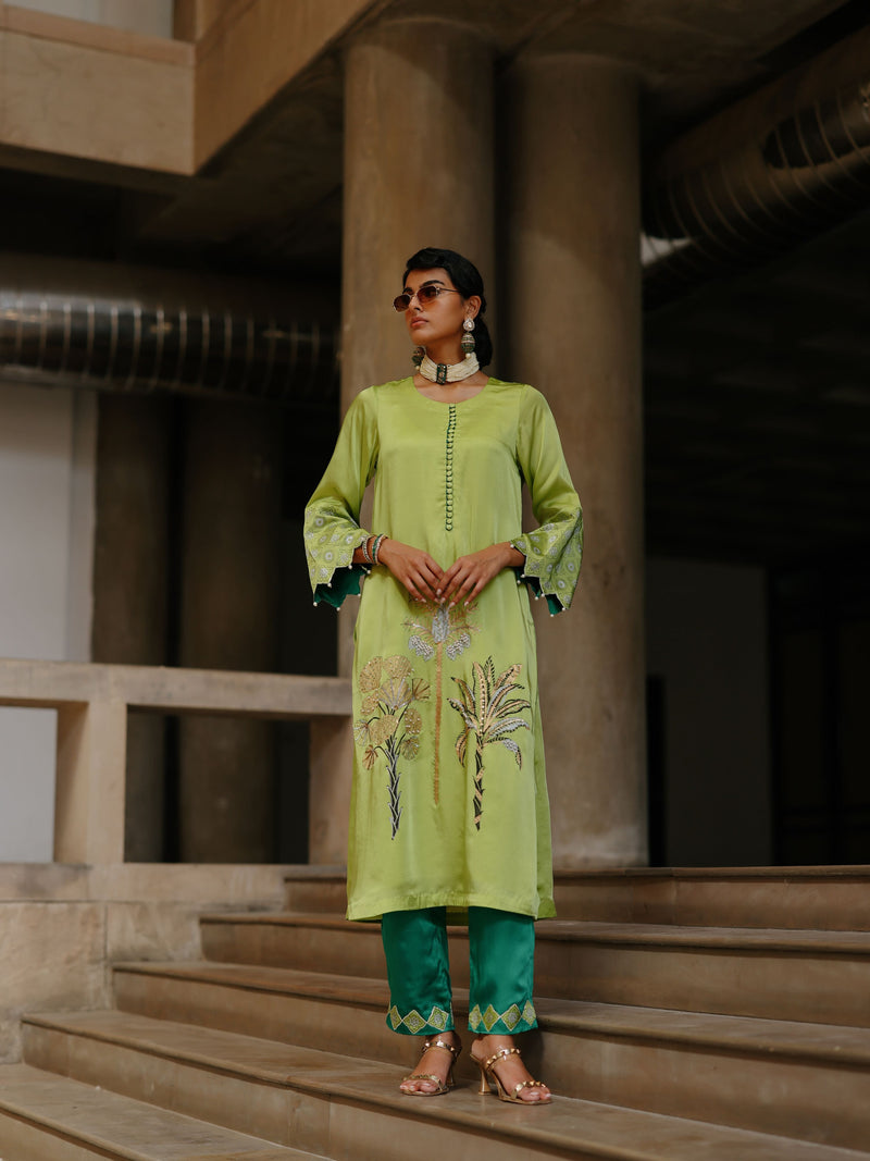 LIME GREEN STRAIGHT LONG KURTA WITH EMERALD GREEN PANT AND DUPATTA - SET OF 3