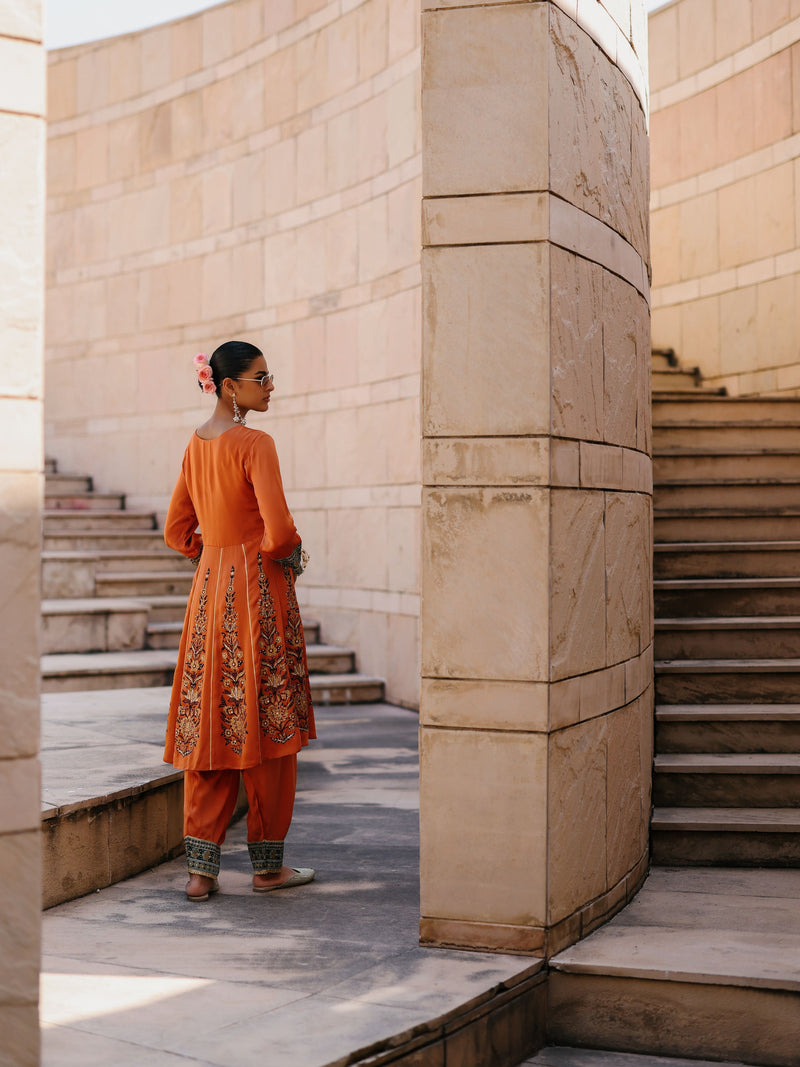 RUST ORANGE SHORT KALIDAAR KURTA WITH DUSTY BLUE SALWAR AND DUPATTA - SET OF 3
