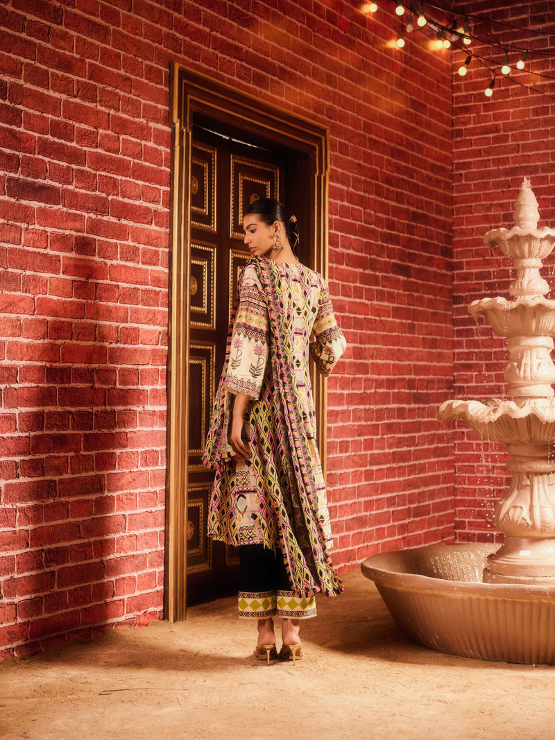 RANGREZ  LONG YOKE KALIDAAR KURTA WITH PANT AND DUPATTA (SET OF 3)