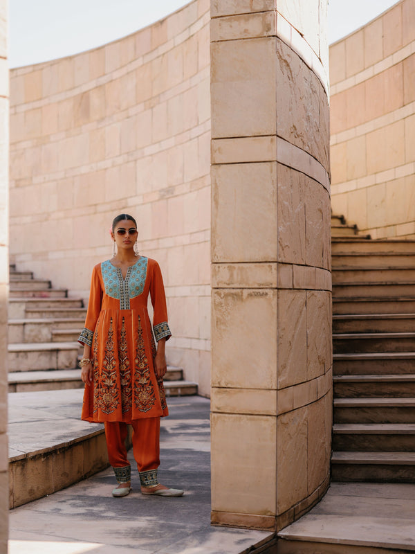 RUST ORANGE SHORT KALIDAAR KURTA WITH DUSTY BLUE SALWAR AND DUPATTA - SET OF 3