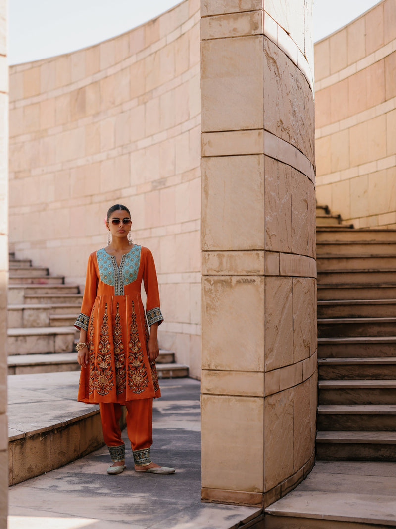 RUST ORANGE SHORT KALIDAAR KURTA WITH DUSTY BLUE SALWAR AND DUPATTA - SET OF 3