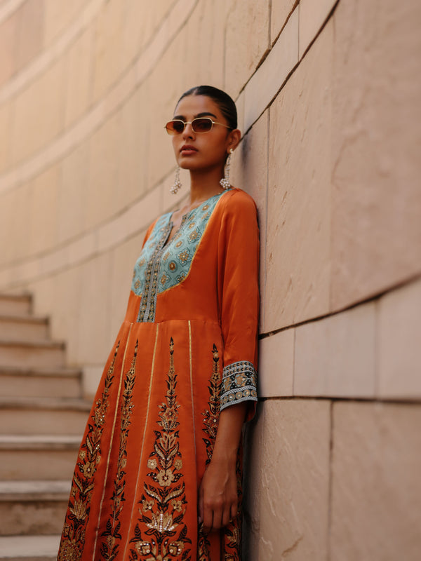 RUST ORANGE SHORT KALIDAAR KURTA WITH DUSTY BLUE SALWAR AND DUPATTA - SET OF 3