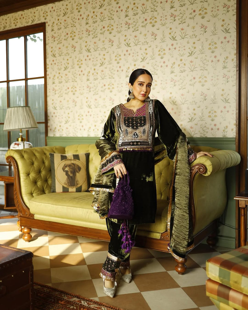 Olive Green Velvet Easy Fit Kurta with Salwar and Dupatta- Set of 3