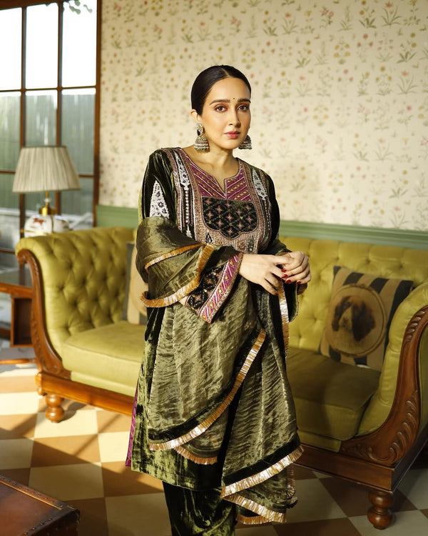Olive Green Velvet Easy Fit Kurta with Salwar and Dupatta- Set of 3