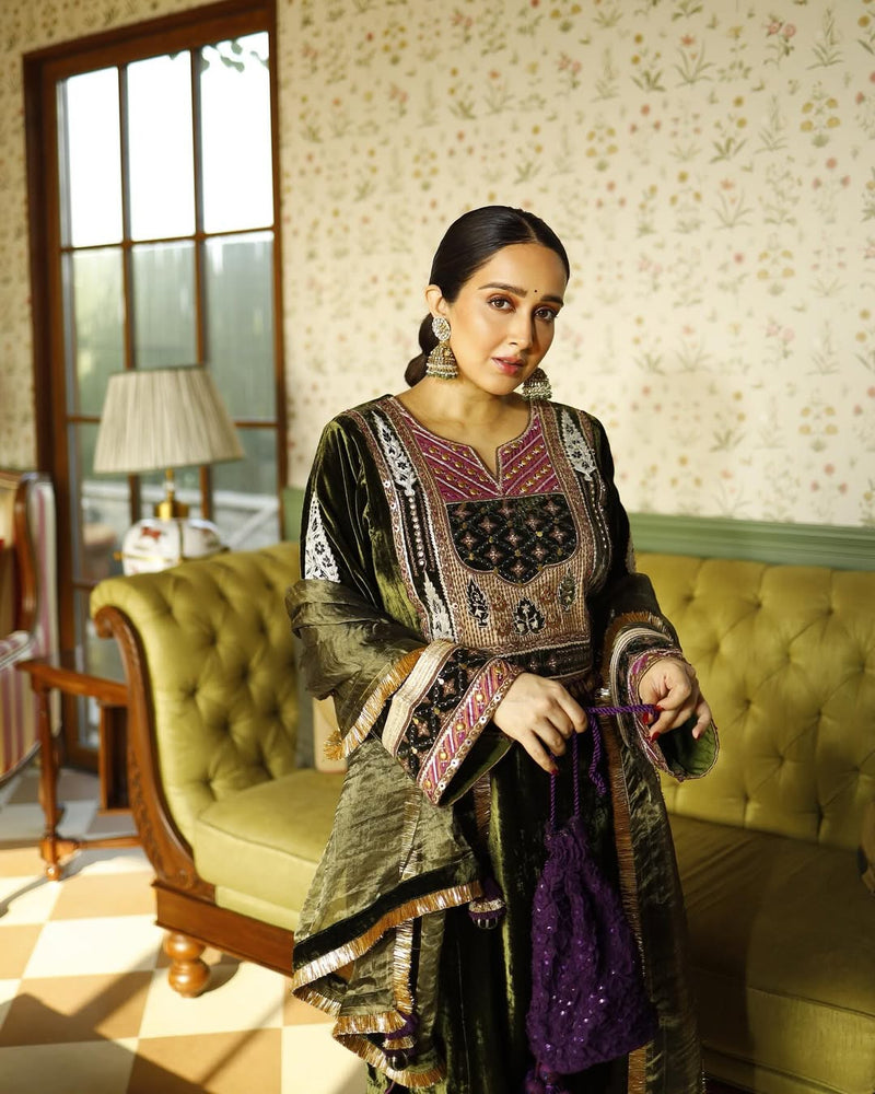 Olive Green Velvet Easy Fit Kurta with Salwar and Dupatta- Set of 3