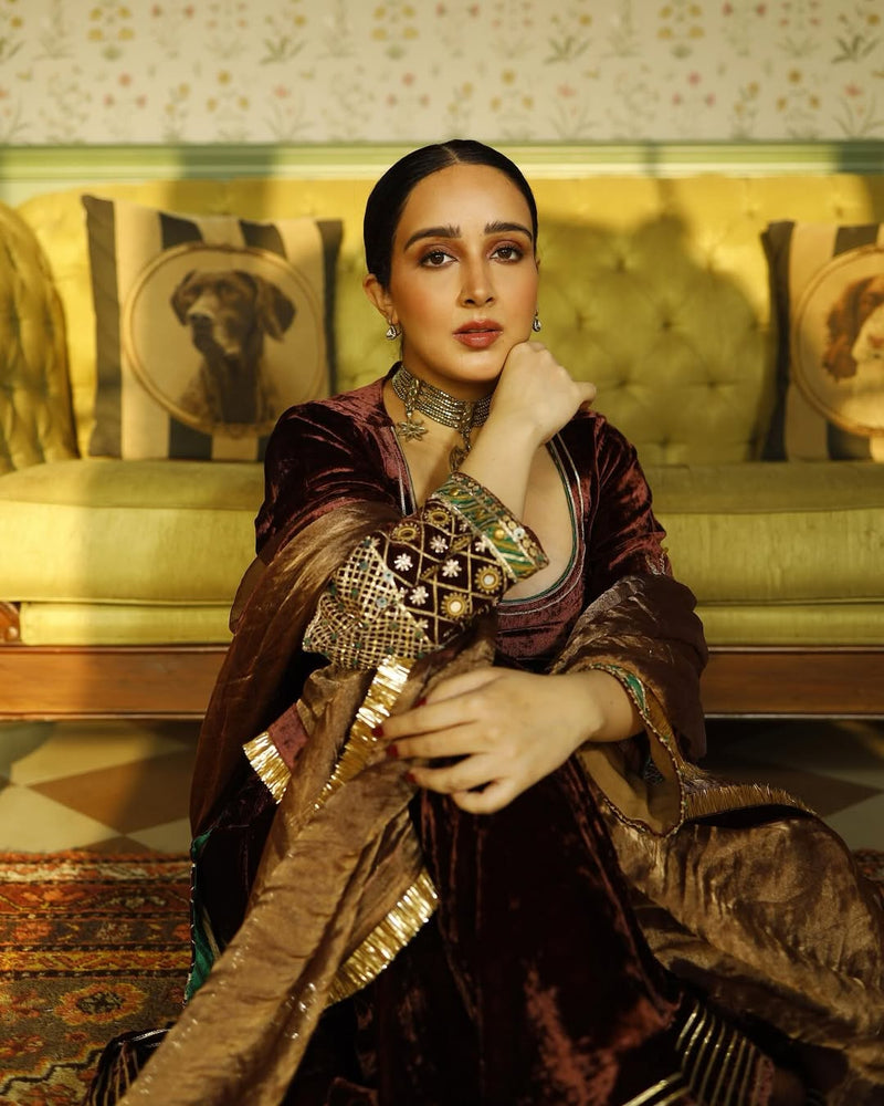 Dusty Rose Velvet Short Kurta with Gharara and Dupatta- Set of 3