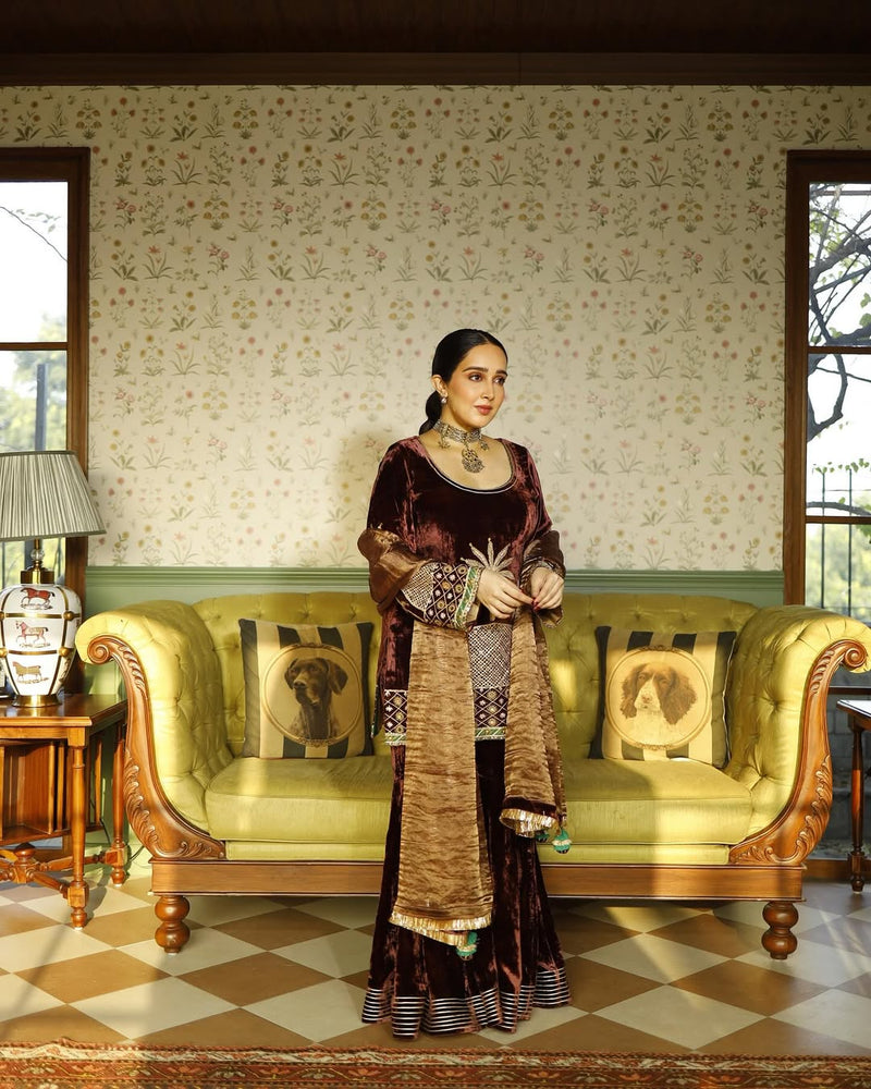 Dusty Rose Velvet Short Kurta with Gharara and Dupatta- Set of 3