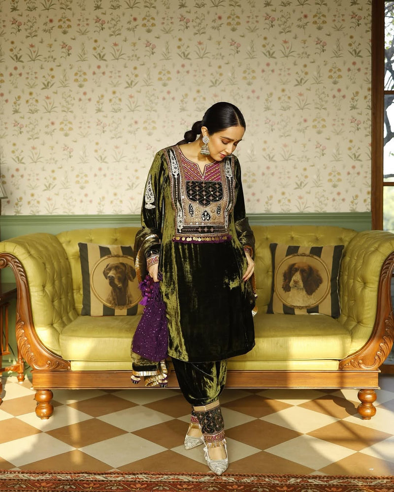 Olive Green Velvet Easy Fit Kurta with Salwar and Dupatta- Set of 3